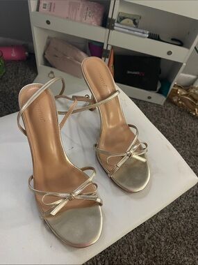 Bow-Accent Metallic Gold Strappy Heels